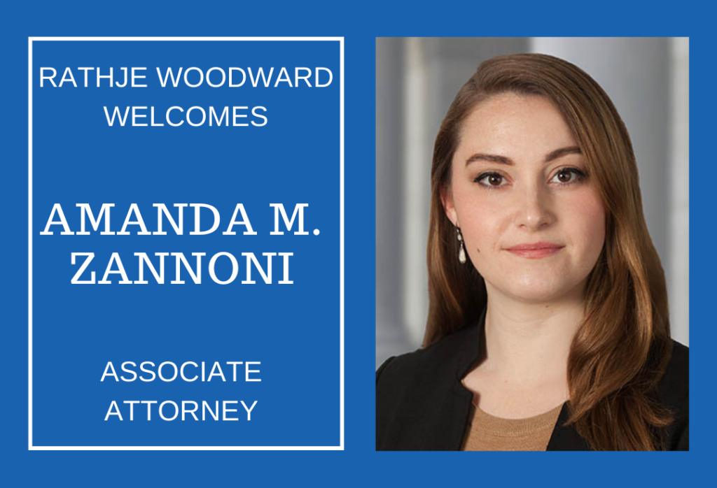 Left side text Rathje Woodward LLC welcomes Amanda M. Zannoni Associate Attorney. Right side headshot of Amanda.